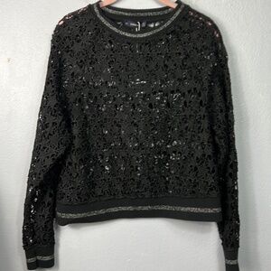 Zara Knit New with Tag Black Star Crochet Lace Long Sleeve Top Large
